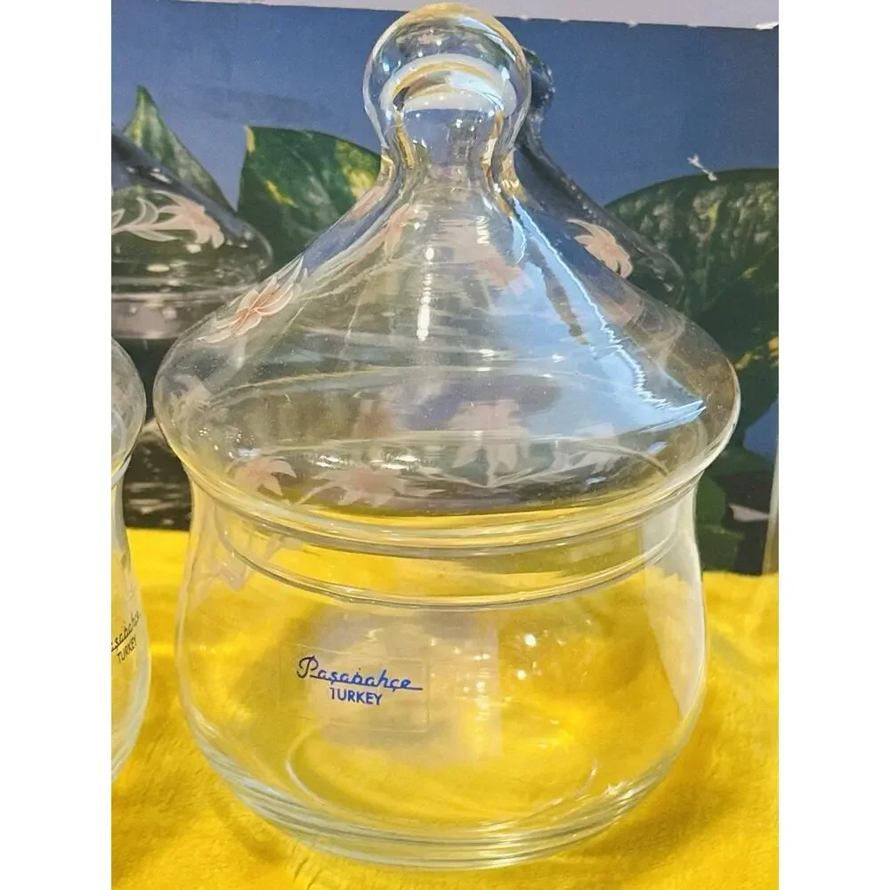 Stylesetter Pasabahce Turkey Set of 2 Glass Candy Dish Jar Lotus Flower Lid NIB